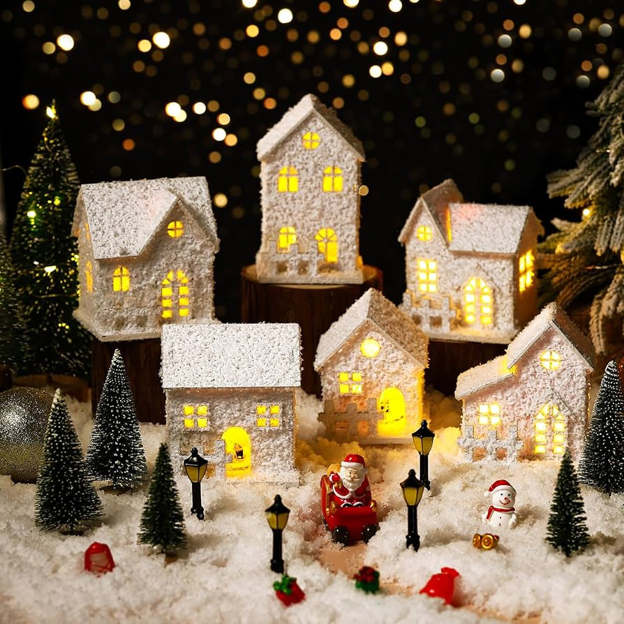 Soaoo 24 Pcs Christmas Village Set Xmas Scene Figurines Decoration LED Lighted DIY Christmas Vill... | Amazon (US)