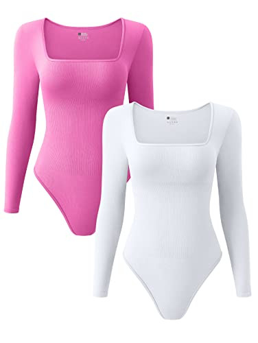 OQQ Women's 2 Piece Bodysuits Sexy Ribbed One Piece Square Neck Long Sleeve Bodysuits | Amazon (US)