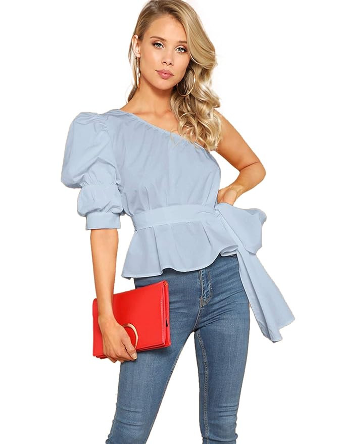 Romwe Women's One Shoulder Short Puff Sleeve Self Belted Solid Blouse | Amazon (US)
