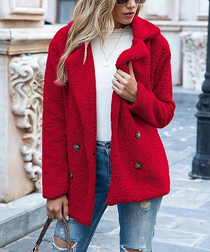 Red Plush Pocket Notch-Lapel Button-Up Jacket - Women & Plus | Zulily