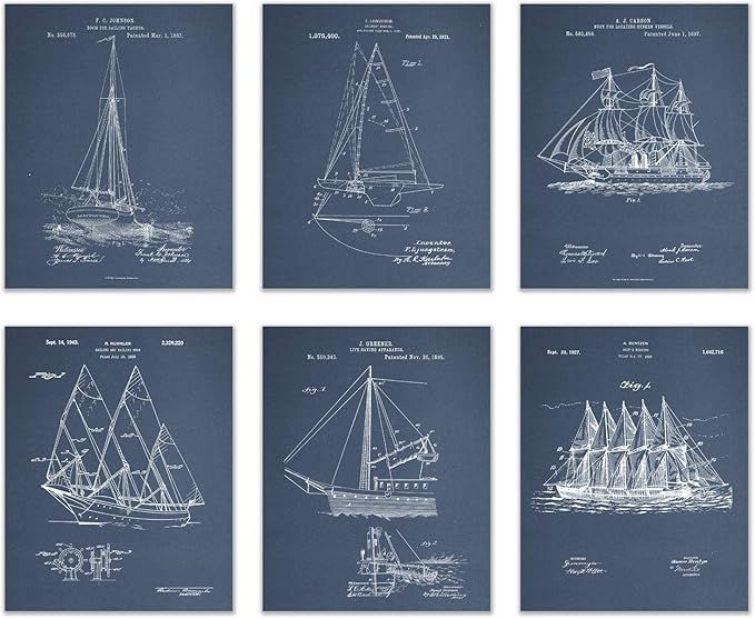 Sailboat Patent Wall Decor - Set of 6 (8x10) sailing art prints | Amazon (US)