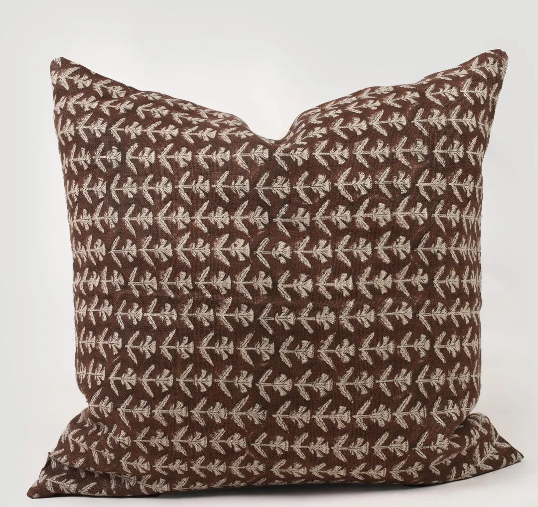 Brown Pillow Cover Spring flowers Throw pillow block print pillow Farmhouse Rustic country pillow... | Etsy (US)