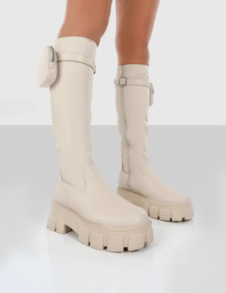 Showing Up Ecru PU Chunky Sole Pocket Detail Knee High Boots | Public Desire (US & CA)
