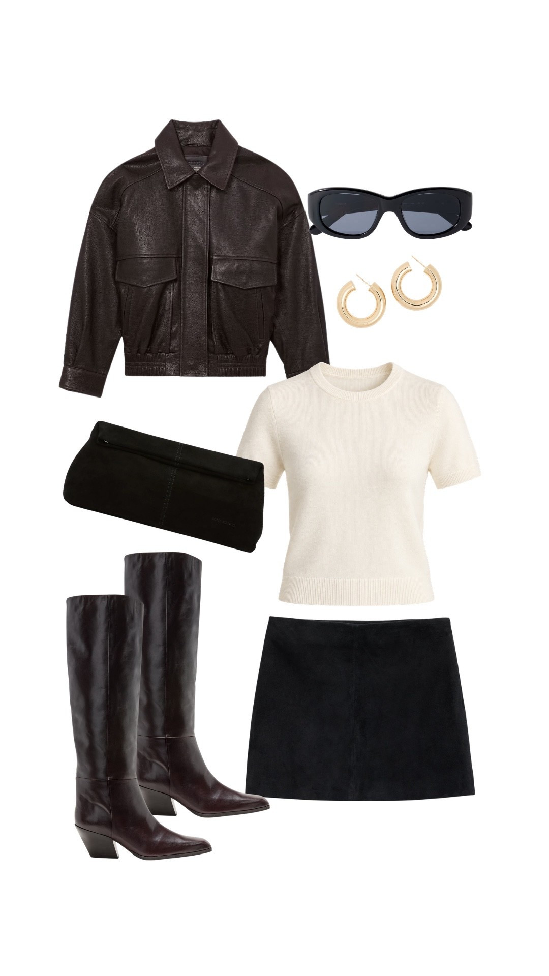 A little edge with a polished finish. The leather jacket, knit top, mini skirt, and tall boots make this such an easy fall look for a city day, dinner, or weekend plans.

fall outfit, elevated fall outfit, leather jacket outfit, leather jacket and skirt, mini skirt outfit, tall boots outfit, knee high boots outfit, brown leather jacket, neutral fall outfit, black and brown outfit, chic fall style

#LTKootd #LTKSeasonal #LTKOver40