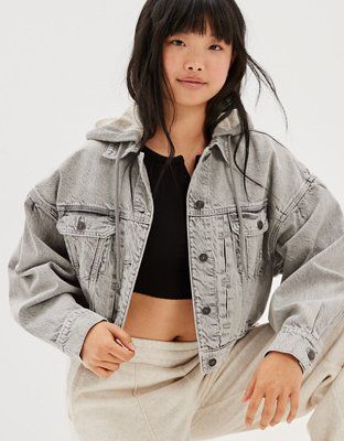 AE Tomgirl Cropped Hooded Denim Jacket | American Eagle Outfitters (US & CA)