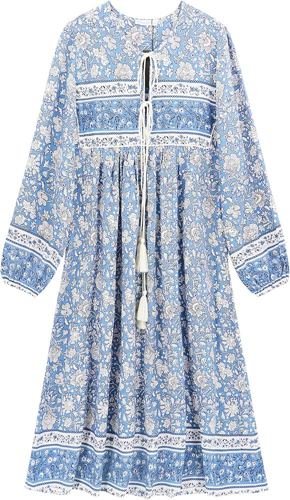 R.Vivimos Women's Long Sleeve Floral Print Retro V Neck Tassel Bohemian Midi Dresses | Amazon (US)