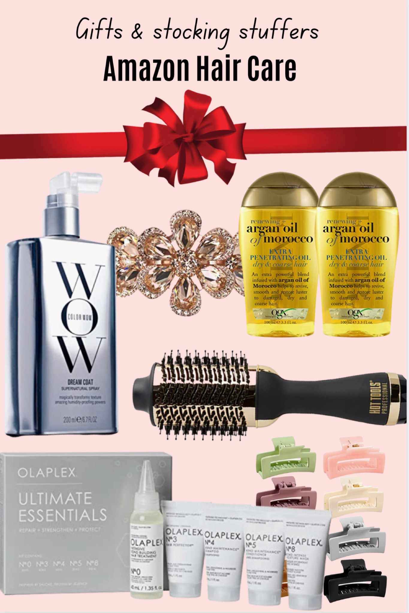 #Hair essential #gifts from #amazon 🎁.

You can trust me on these - I own everything except the sparkly clip 😊.

✨Hot tools hair drying brush - this is amazing! Dries my hair so quickly and makes it insanely smooth. I do recommend using a regular dryer (or air drying) at the start to prevent pulling - but finish it up with this drying tool! 
✨ Wow serum - this smoothing serum reduces frizz for days! It’s a top-rated item on Amazon. 
✨ Sparkly clip - this clip can be used to dress up any hair style ❤️
✨ Olaplex - these are the top affordable hair treatments. Hydrate, reduce frizz, and restore damage.
✨ Argon oils - another smoothing option that smells amazing. This is a more affordable find. Be careful, a little bit goes a long way, and too much can be greasy.
✨ These velvety clips are so cute! I love wearing them out to dinner - the plastic versions can be a little tacky, but the velvet are way more sophisticated. Plus, they slip less.

Happy shopping, friends! 💕

#giftguide #amazongifts #amazongiftguide #haircare #cosmetics #beauty #stockingstuffers

#LTKGiftGuide #LTKunder50 #LTKHoliday 