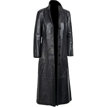 Women's Long Black Leather Trench Coat, Black Glossy Original Sheepskin Long Leather Coat | Walmart (US)