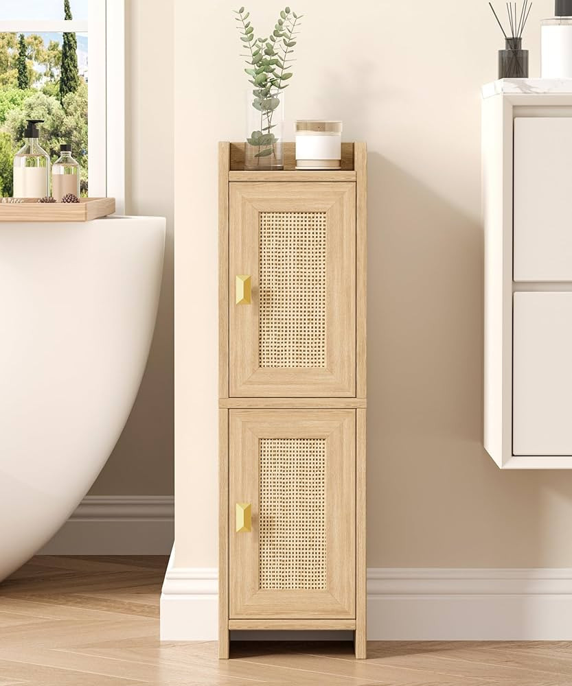 Akxomel Rattan Small Bathroom Cabinet with 2 Doors, 7.9''D x 7.9''W Narrow Toilet Paper Storage C... | Amazon (US)