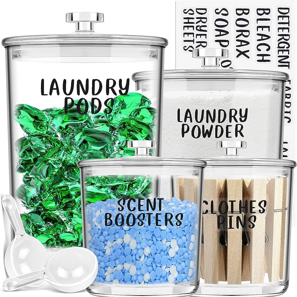 4 Laundry Room Organization Jars - Laundry Storage Containers with Laundry Labels & Scoops Hold P... | Amazon (US)