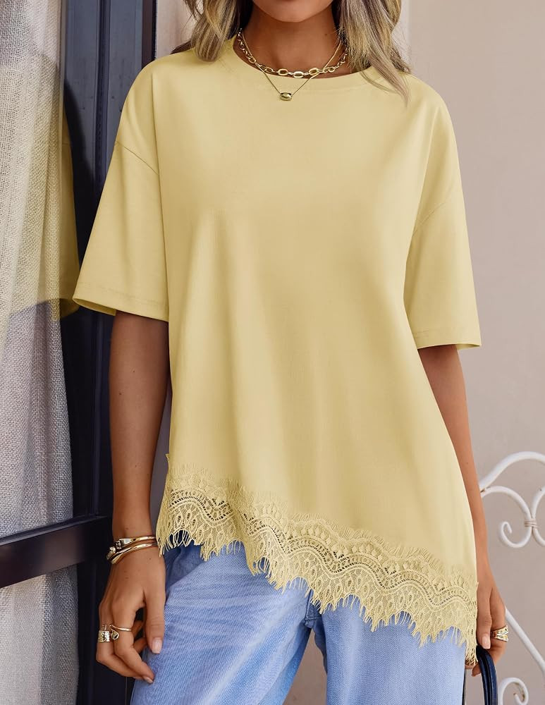 ZESICA Women's Summer Oversized T-Shirts Asymmetrical Lace Going Out Tops | Amazon (US)