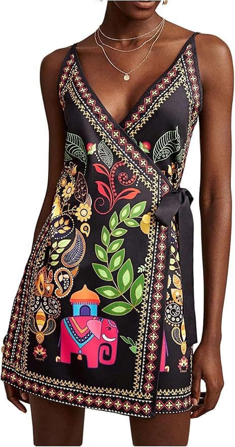 RoseSeek Women's Tropical Print Cami Dress Sleeveless Wrap V Neck Tie Knot Boho Short Dresses | Amazon (US)