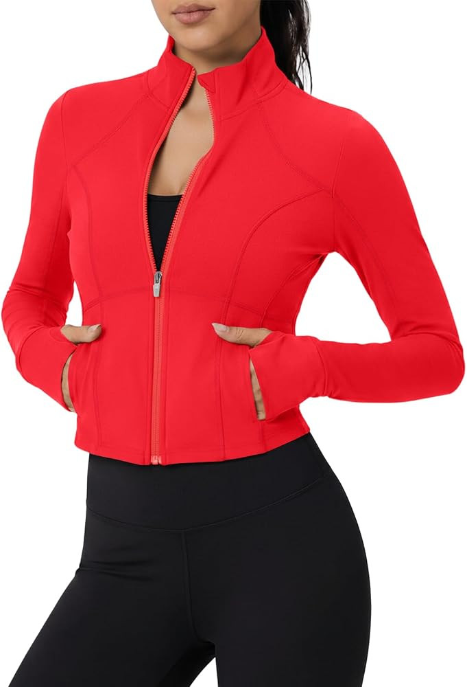 Womens Cropped Workout Jackets Full Zip Up Slim Fit Lightweight Athletic Tops with Thumb Holes Po... | Amazon (US)