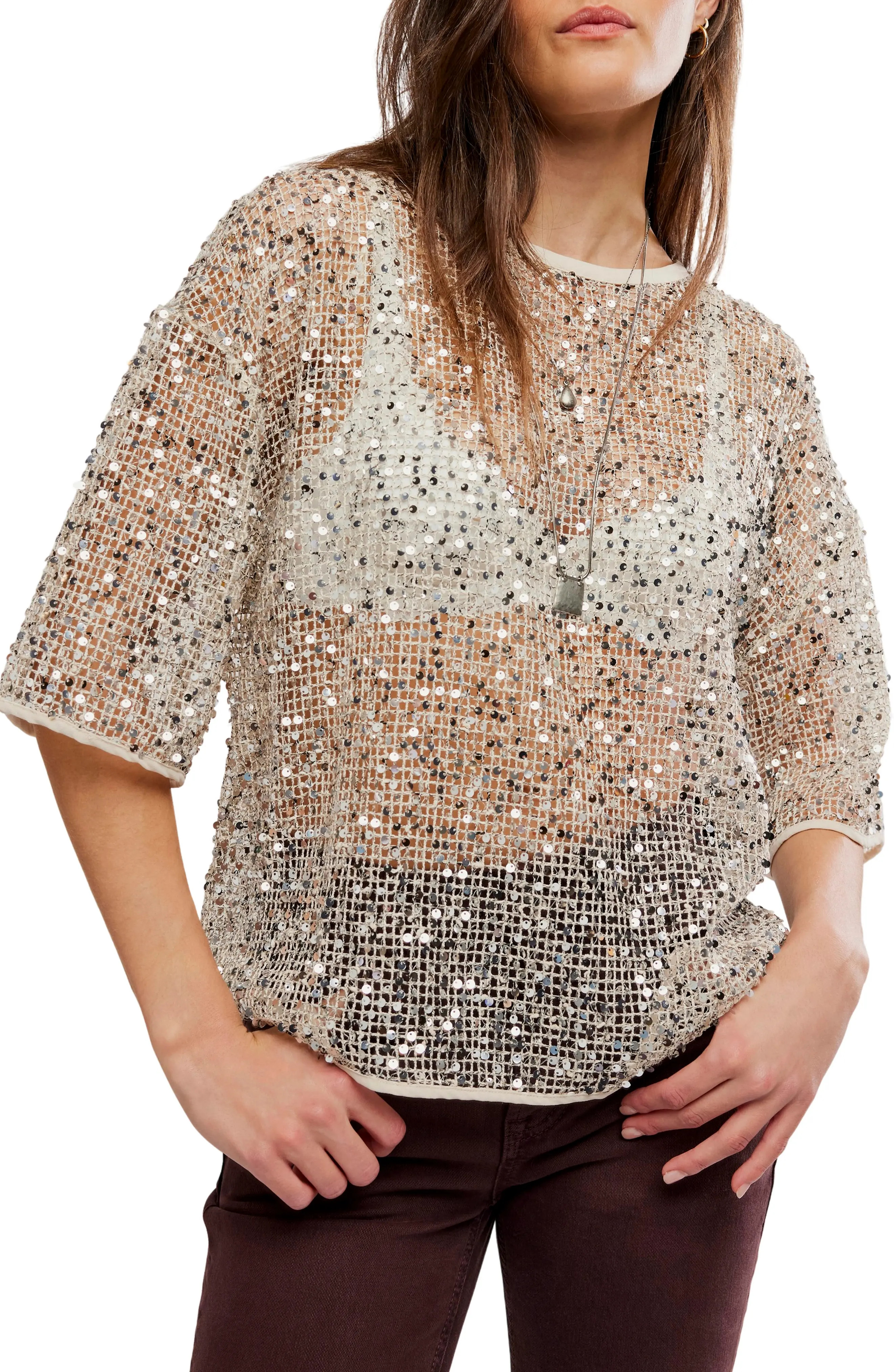 Free People Calypso Sequin Open Knit T-Shirt (Women) | Nordstrom | Nordstrom