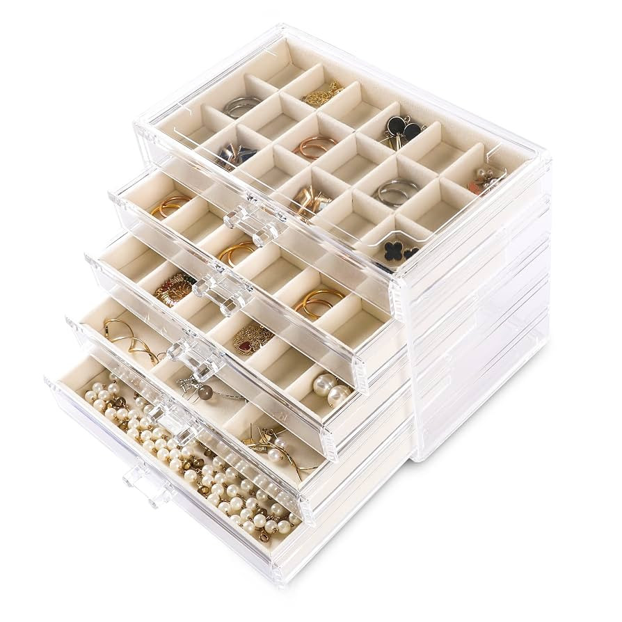 Frebeauty Acrylic Jewelry Organizer Earring Organizer Box with 5 Drawers Earring Holder Organizer... | Amazon (US)