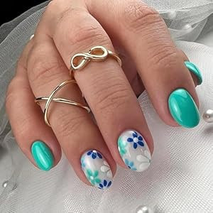 Short Oval Press on Nails Blue Green Flower Designs Fake Nails Spring False Nails Cute Press on N... | Amazon (US)