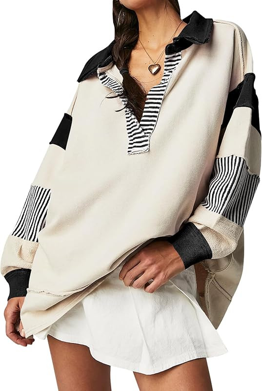 Women's Oversized Sweatshirt Lapel Collared V Neck Polo Shirts Pullover Color Block Striped Long Sle | Amazon (US)