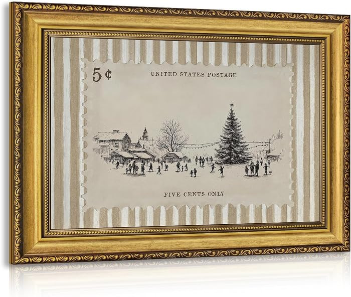 CAZLOUC Winter Village Christmas Stamp Wall Art, Wood Framed 12x16 Inch | Amazon (US)