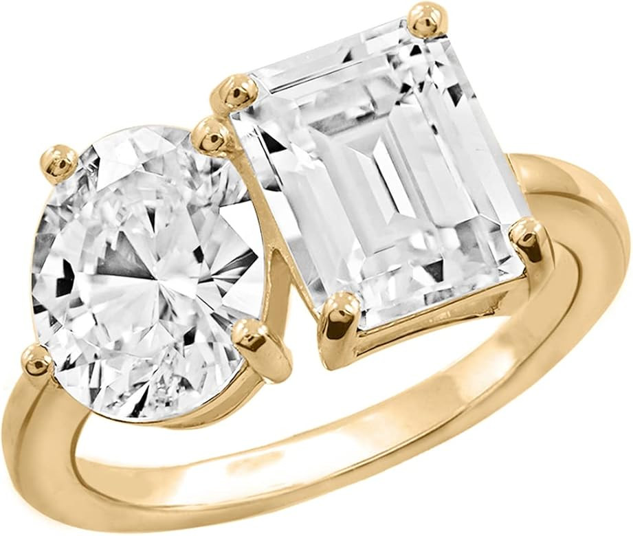 DIAMONBLISS Emerald & Oval Cut Toi et Moi Ring for Women 14K Yellow Gold, Platinum Plated 925 Ste... | Amazon (US)