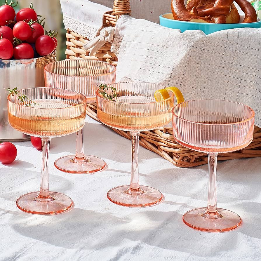 Khen Shatterproof Acrylic Ribbed Vintage Art Deco Martini, Champagne & Cocktail Pink Tritan Coupe... | Amazon (US)