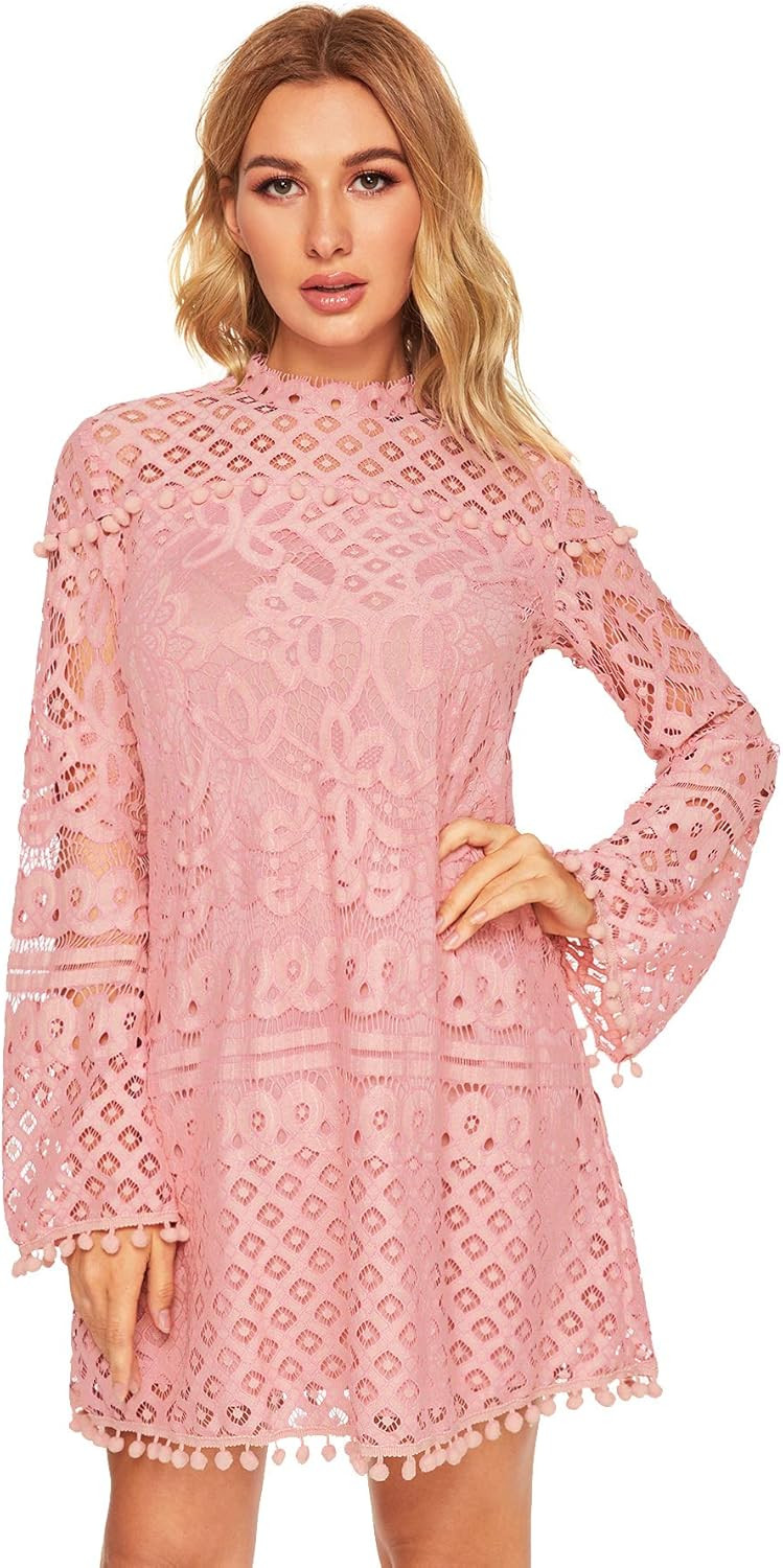 SheIn Women's Crochet Pom-pom Sheer Lace Bell Sleeve Dress | Amazon (US)