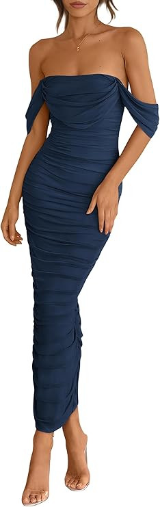 PRETTYGARDEN Womens 2025 Summer Off The Shoulder Dress Ruched Bodycon Sleeveless Split Cocktail P... | Amazon (US)