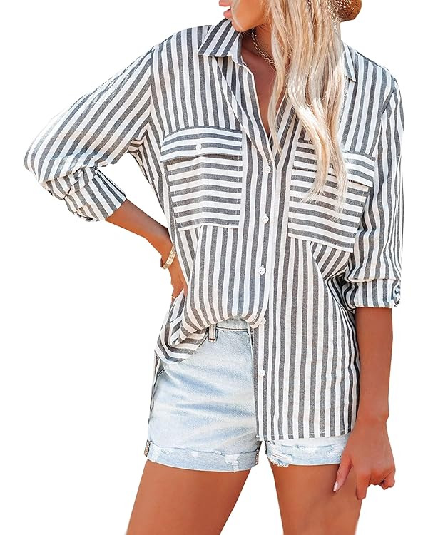 OMSJ Women's Striped Button Down Shirts Casual Long Sleeve Stylish V Neck Blouses Tops with Pocke... | Amazon (US)