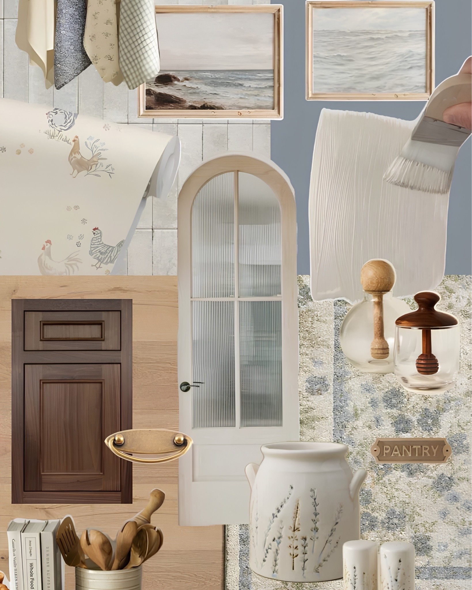 The details that make a cottage kitchen feel like the heart of the home ✨ 

An arched glass pantry door, rooster wallpaper, dark wood cabinetry, a fluted ceramic crock, coastal artwork, and those small countertop moments that make the whole space feel considered. 

All linked here 🤍 

#LTKhome