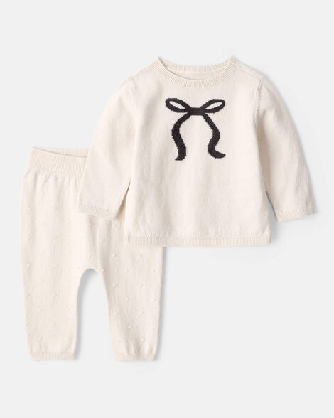 Baby Girl Bow Cotton Long-Sleeve Sweater & Pant Set - Ivory | Carter's Inc