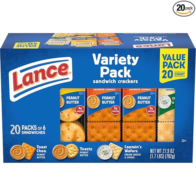 Lance Sandwich Crackers, Variety Pack, 3 Flavors, 20 Individually Wrapped Packs, 6 Sandwiches Eac... | Amazon (US)