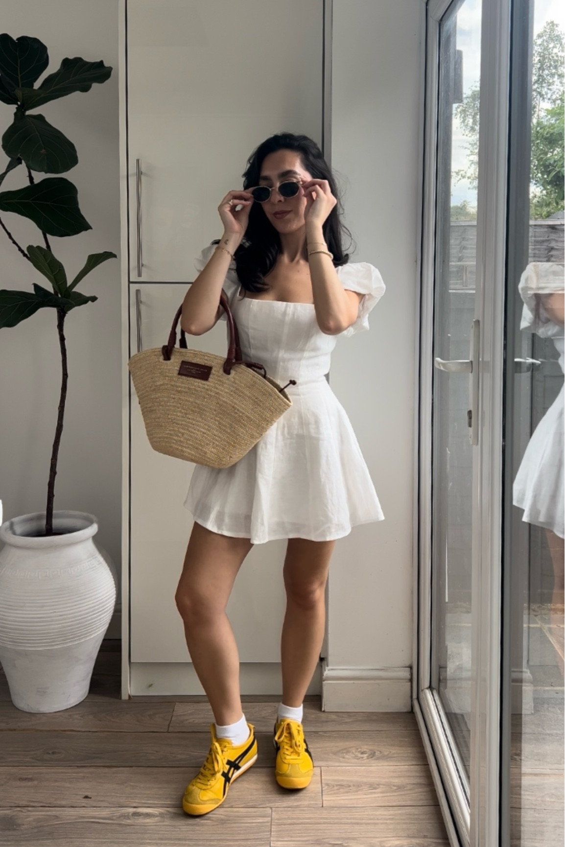 Linen dress- altered so that length suits me. Forever new dress, white linen dress, summer dress, jute bag, basket bag, sezane, onitsuka tiger trainers, yellow trainers

#LTKeurope #LTKsummer #LTKshoes