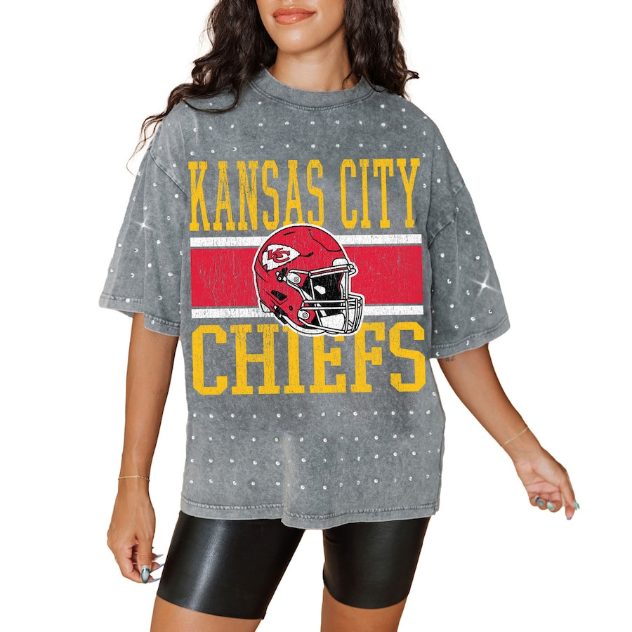 Kansas City Chiefs Gameday Couture Women's Oversized Mini Rhinestone Classic T-Shirt - Gray | Fanatics