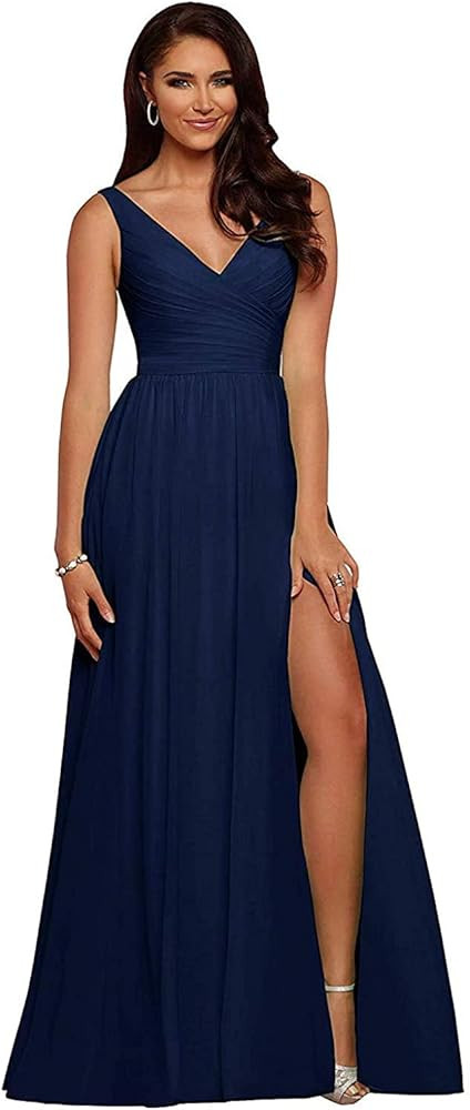 King Noiva Bridesmaid Dresses Long Chiffon Wedding Guest Dress Pleated V Neck High Slit Backless ... | Amazon (US)