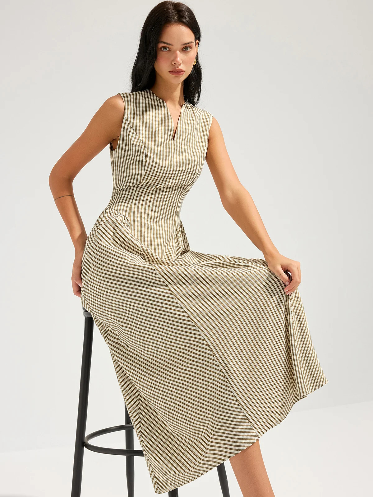 Cotton Blend Check Sleeveless Maxi Dress | Commense