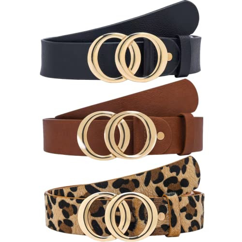 STRSTAR Belts for Women 3 Pack Women Belts for Jeans with Gold Buckle, Women's Leather Belt Black Brown Leopard Belts | Amazon (US)