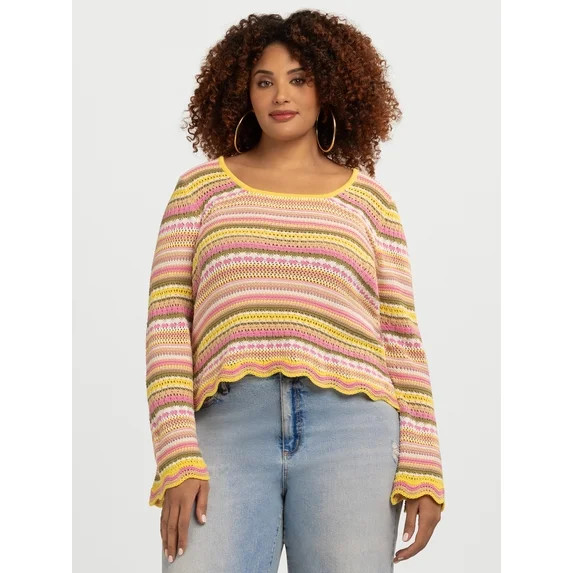 Jessica Simpson Women's Lilianna Cotton Pointelle Sweater with Long Sleeves, Lightweight, Sizes X... | Walmart (US)
