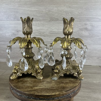 Vintage Brass & Crystal Ornate Candlesticks - Pair of 2 -  Hollywood Regency  | eBay | eBay US