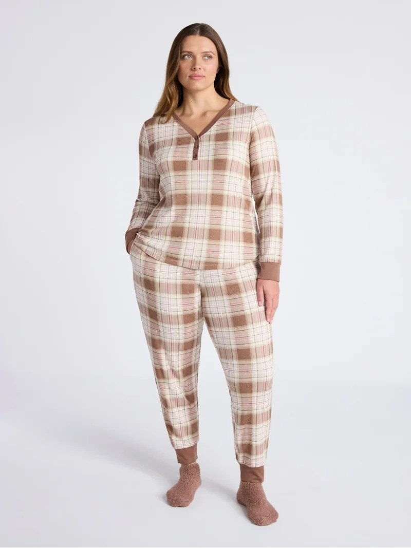Joyspun Women's Waffle Knit Henley Sleep Top, Joggers and Socks Pajama Set, 3-Piece, Sizes XS-3X | Walmart (US)