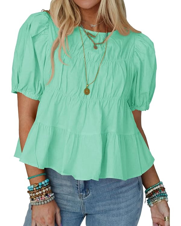 Tankaneo Womens Puff Sleeve Peplum Babydoll Tops Summer Smoked Pleated Cotton T-Shirts Casual Loo... | Amazon (US)