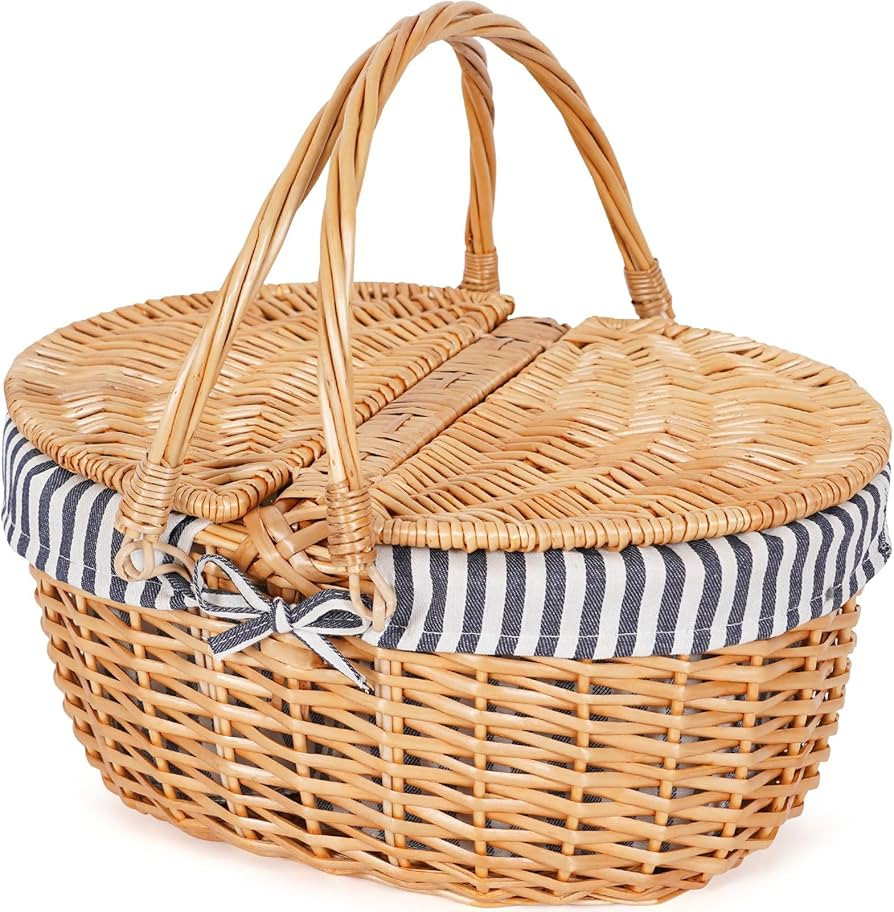 Happypicnic Wicker Picnic Basket with Handle, 15" Large Empty Picnic Basket with Lid & Removable ... | Amazon (US)
