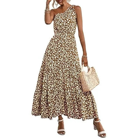PRETTYGARDEN Women's Summer Floral One Shoulder Maxi Dress Knot Ruffle Boho Beach Vacation Wedding Guest Long Sun Dresses | Walmart (US)