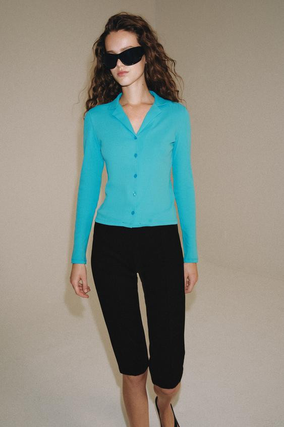 Zara - 100% Cotton Button-Up T-Shirt - Electric Blue - L - Woman | Zara UK