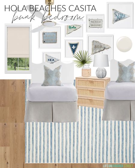 The bunk room bedroom design board for Hola Beaches Casita! Includes wavy upholstered headboards, blue striped rug, Florida and beach pennants in white gallery frames, a rattan nightstand, 
 a white and brass ceiling fan, and blue gray mud cloth pillows! Get more details and see all the plans here: https://lifeonvirginiastreet.com/hola-beaches-casita-design-plans/.
.
#ltkhome #ltkseasonal #ltksaleslert #ltkfindsunder50 #ltkfindsunder100 #ltkstyletip #ltktravel 30A decor style


#LTKHome #LTKSeasonal #LTKSaleAlert