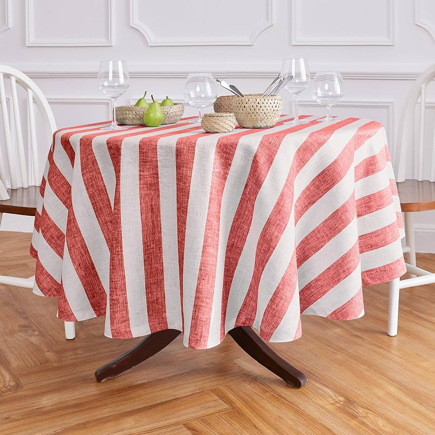 Solino Home 60 Inch Round Tablecloth - Cabana Stripe, 100% Pure Linen Red and White Round Tablecl... | Amazon (US)