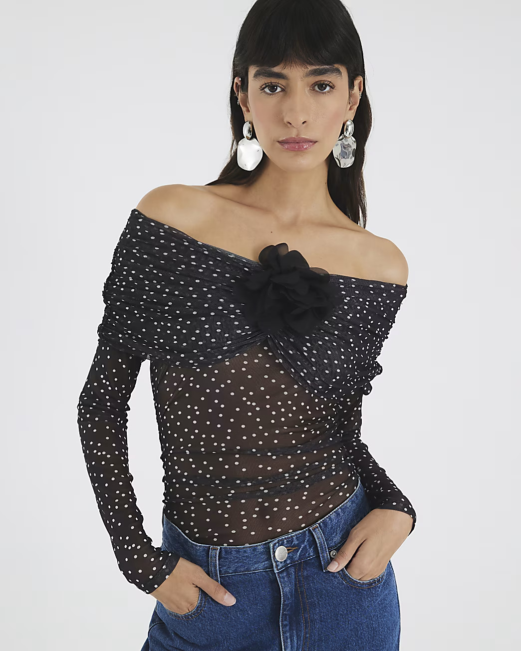 Black Polka Dot Corsage Bardot Bodysuit | River Island UK & IE