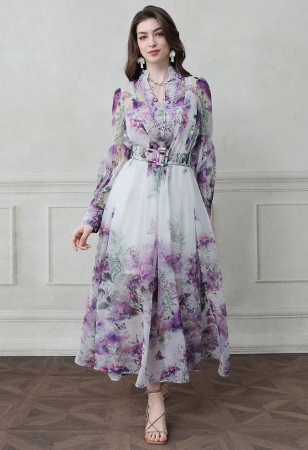 Watercolor Rose Garden Tie-Neck Belted Organza Maxi Dress in Purple | Chicwish