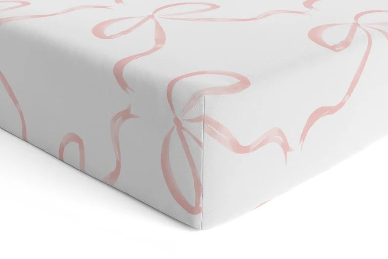 Crib Sheet in Pink Bow Nursery Decor Baby Newborn Toddler Bedding Gender Neutral Shower Gift Girl... | Etsy (US)