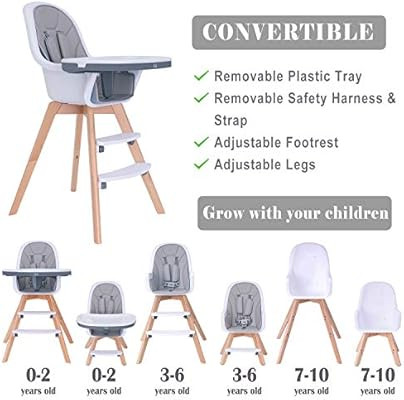 HAN-MM Baby High Chair with Removable Gray Tray, Wooden High Chair, Adjustable Legs, Harness, Fee... | Amazon (US)