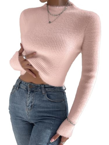 Verdusa Women's Mock Neck Long Sleeve Fuzzy Sweater Pullovers Slim Fitted Top Light Pink Large | Amazon (US)