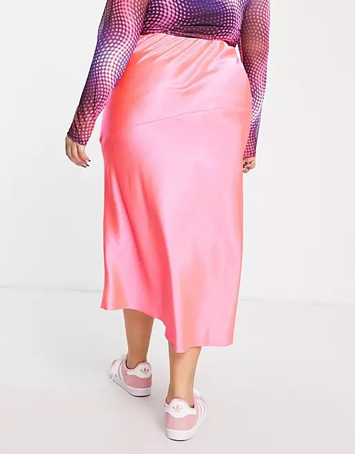 ASOS DESIGN Curve bias slip midi skirt in pink neon | ASOS (Global)